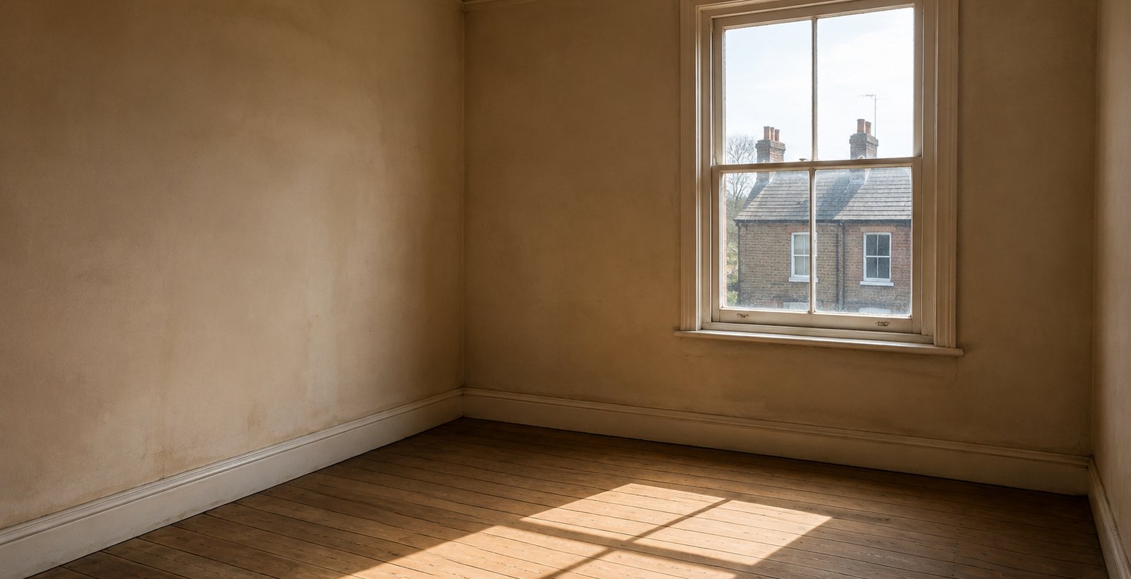 A cleared, empty bedroom in an older Coventry house with afternoon light on the floorboards