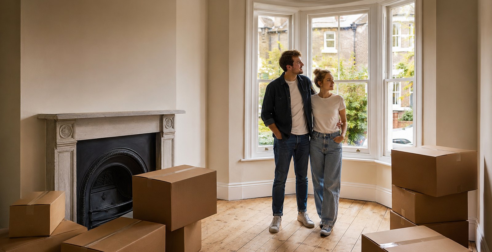 A couple in the empty living room of a Victorian house in Coventry on moving day