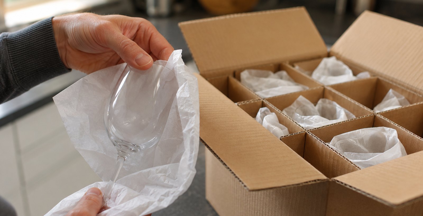 Wrapping a wine glass in tissue paper for a house move