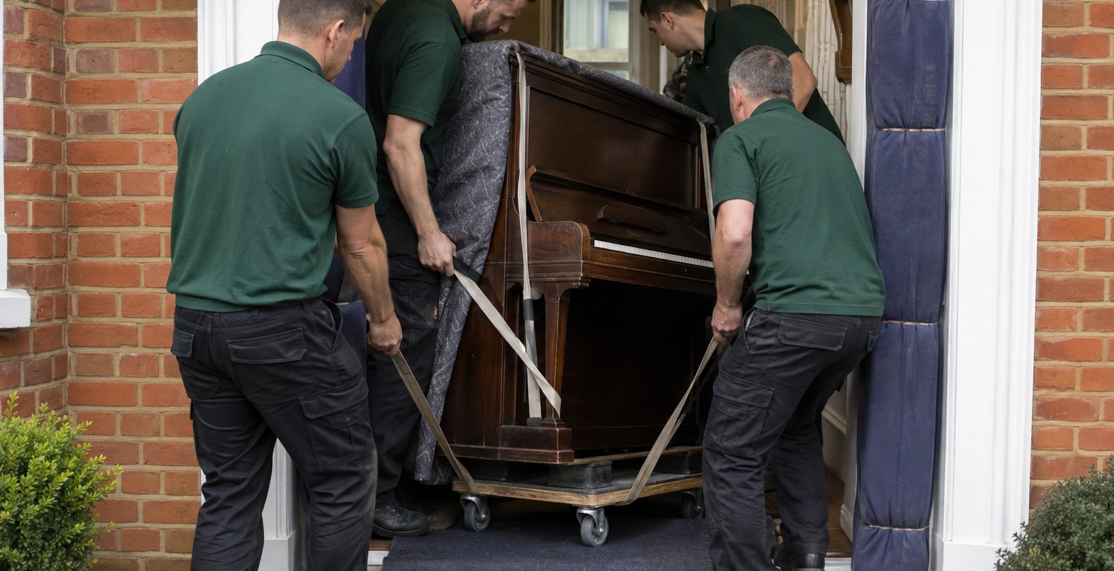Four movers guiding an upright piano on a skate through a front doorway with floor and door protection