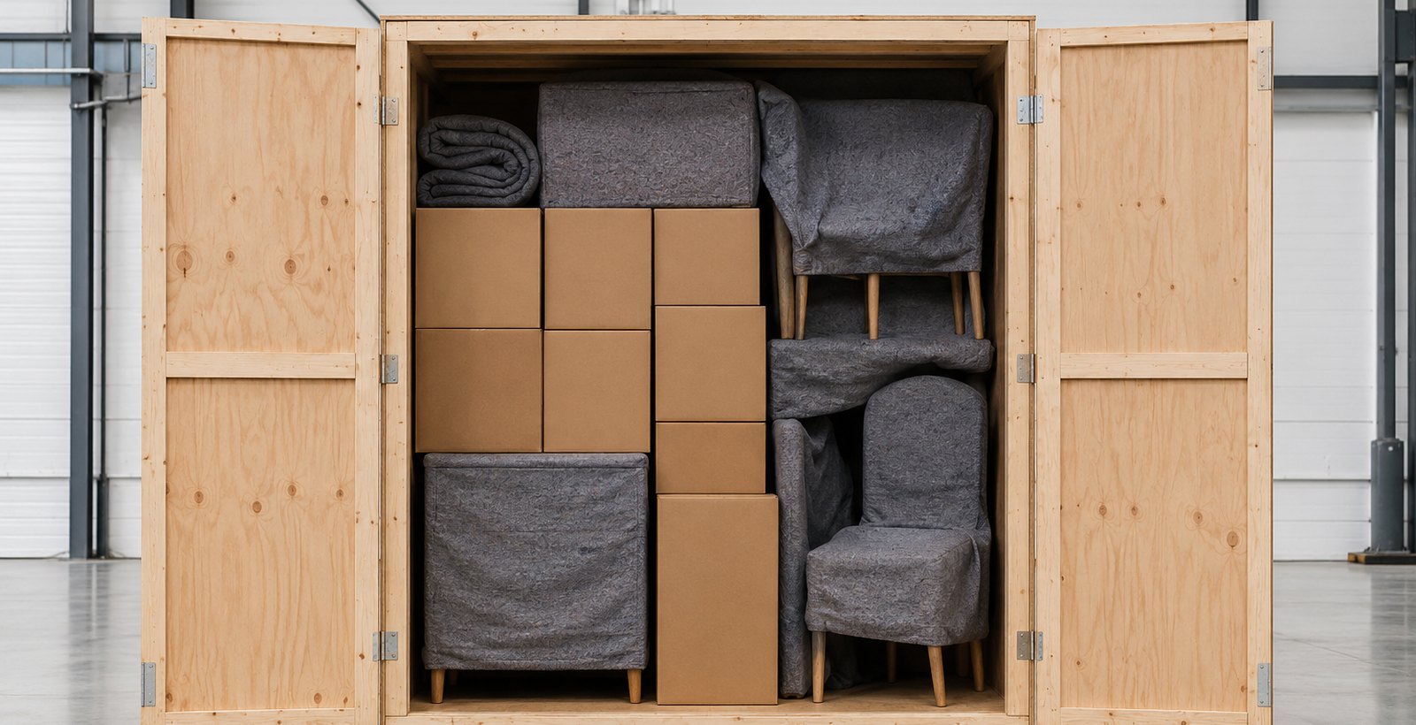 An open storage container packed with blanket-wrapped furniture and boxes
