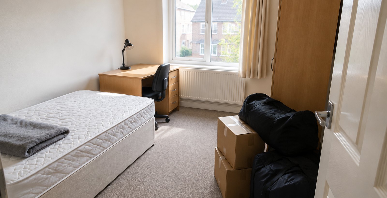 A student bedroom at the end of tenancy with boxes and holdalls ready to move
